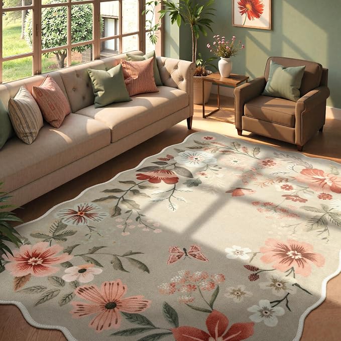 Lahome Floral Washable 6x9 Area Rugs, Soft Bedroom Rugs for Living Room | Ultra-Thin Non Slip Dining Room Rug, Boho Rugs Easy Clean Throw Carpet for Office Flore (6'x9',Brown)
