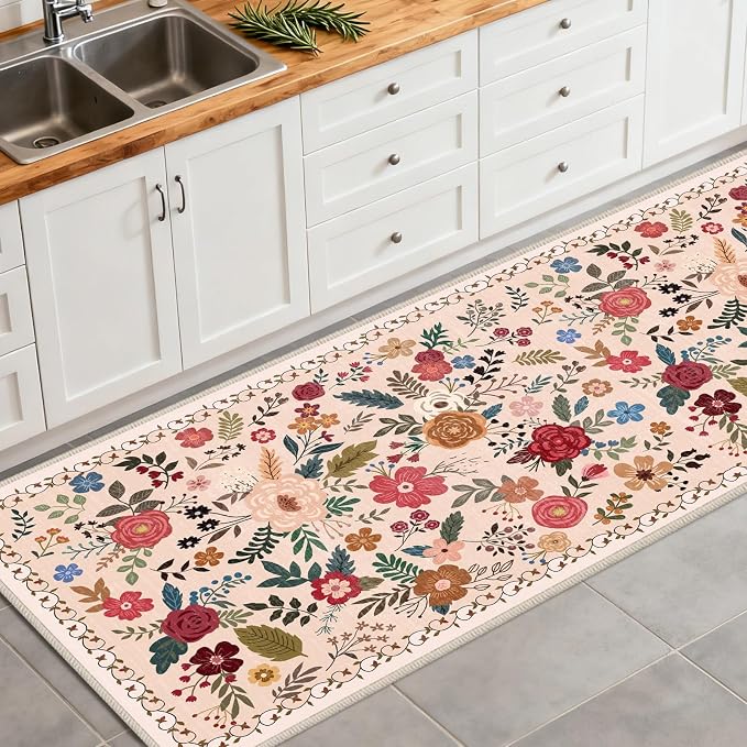 Washable Beige Red 2'6" x 10' Runners for Hallways, Non Slip Long Floor Runner for Kitchen, Entryway Indoor, Stain Resistant Rubber Backing Floral Décor Rug