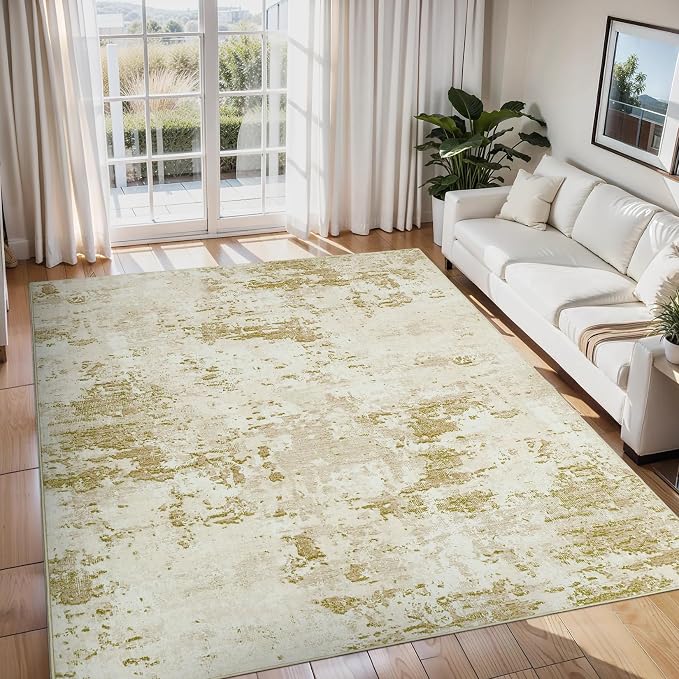 ROYHOME Modern Abstract Area Rug 10x13 Non Slip Non Shedding Rug Low Pile Stain Resistant for Bedroom Living Room,Golden Grey