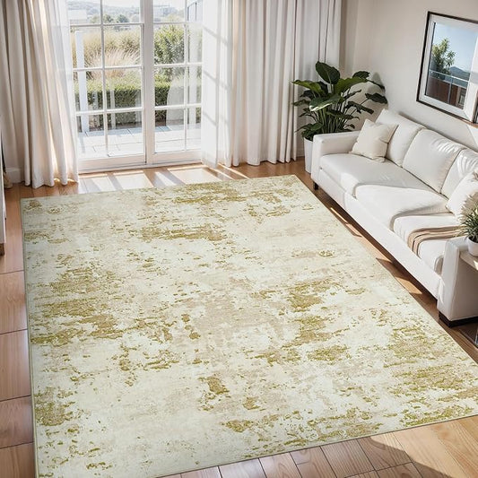 ROYHOME Modern Abstract Area Rug 9x12 Non Slip Non Shedding Rug Low Pile Stain Resistant for Bedroom Living Room,Golden Grey