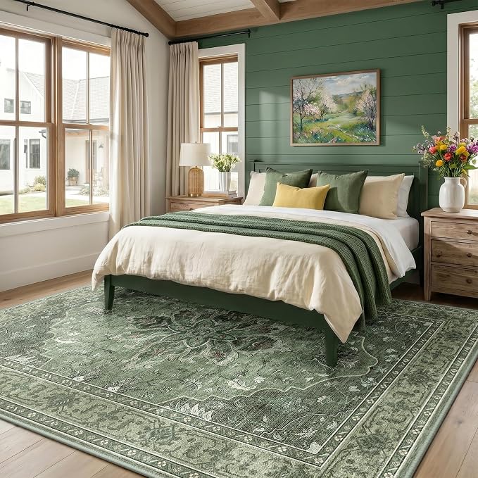 RELEANY Washable Area Rug, Large 9'x12', Green/Dark Green/Gray | Non-Slip, Water Repellent, Pet Friendly, Easy to Clean, Vintage Floral Boho Decor for Living Room Bedroom Dining Room