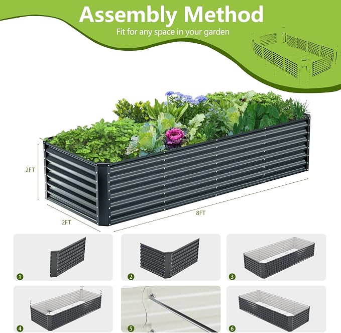 8x2x2FT Galvanized Raised Garden Bed,Galvanized Planter Boxes Outdoor, Large Metal Raised Garden Beds for Vegetables-Grey