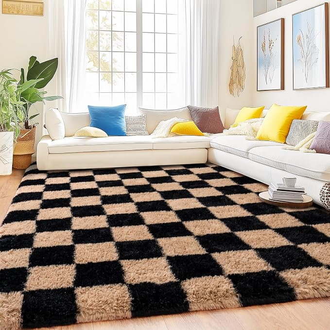 Checkered Rug 9x12 for Living Room, Ultra Fluffy Fuzzy Shag Large Area Rug for Bedroom, Modern Plush Soft Upgrade Non-Slip Carpet for Kids Girls and Boys Room Dorm Home Decor, Black and Beige