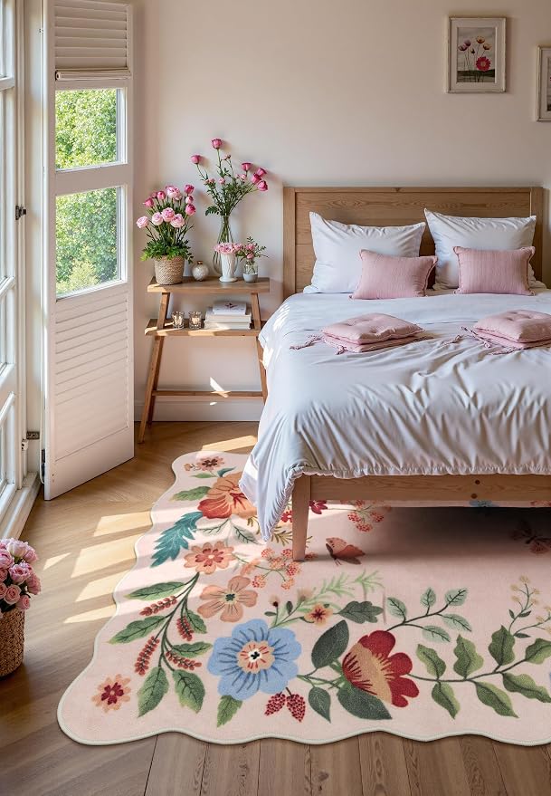 Lahome Floral Washable Area Rugs 5x7, Soft Pink Rugs for Living Room | Bedroom Ultra-Thin Non-Slip Stain Resistant Throw Boho Carpet for Nursery Classroom Flore, Light, Pink