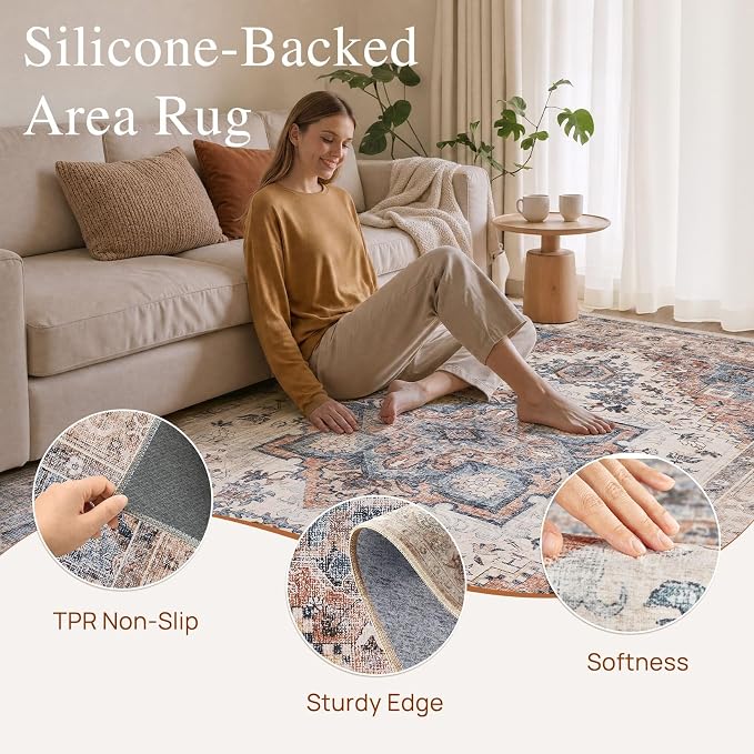 DTICON Vintage Washable 12x15 Area Rug Living Room Rugs, Camel | Boho Distressed, Pet & Kid Friendly, Non-Slip Backing, Soft Polyester, Low-pile Carpet for Living Room, Bedroom, Dining Room