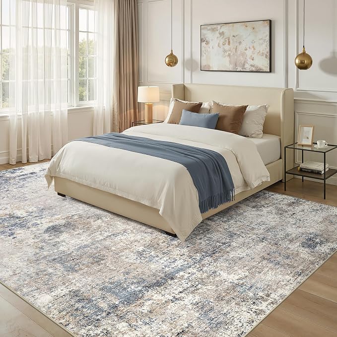Nakagishi 10X14 Abstract Washable Area Rugs for Living Room-Blue Brown | Modern Non-Slip Silicone Backing Low Pile Soft Carpet for Bedroom Dining Decor Ideal for Families with Kids and Pets