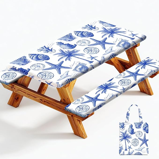 Picnic Table Cover with Bench Covers Elastic Edges, Outdoor Patio Camping Essentials 72 Inch 3PCS, Waterproof Camping Fitted Tablecloth with Handbags (Vintage ocean theme)