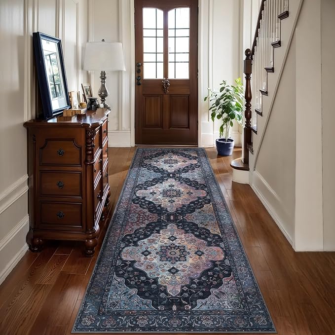 Tangsoo 2.6x8 Washable Hallway Runner Rugs, Non Slip Vintage Runners Rug | Oriental Soft Low Pile Long Runner Rug, Boho Carpet Runners for Hallway Kitchen Bedroom Entryway Bathroom Navy/Multi Decor