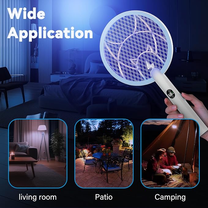 Nymrix Electric Fly Swatter Racket, 2 in 1 Mosquito Bug Zapper 4100V Max Handheld Mosquito Killer with 1800 mAh Rechargeable Battery, Purple Light and 3-Layer Safety Mesh for Indoor Outdoor Blue
