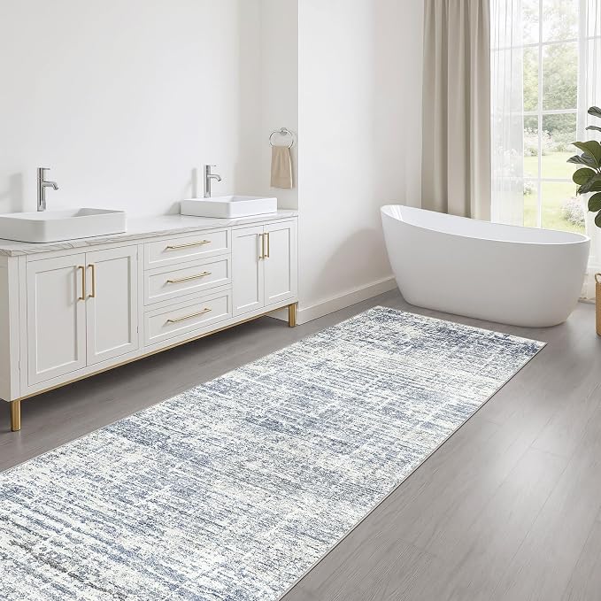 LOONGRUG Runner Rug 2x6 Machine Washable Non-Slip Kitchen Neutral Rug Blue | Abstract Modern Soft Stain Resistant Indoor Accent Throw Carpet for Hallway Bathroom Laundry Room Bedroom Entryway