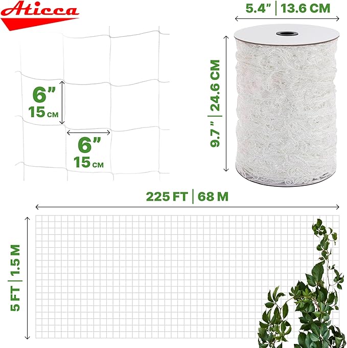 ATICCA Trellis Netting 5 x 225 ft Heavy Duty Polyester Plant Support Netting White - 6 Inch Garden Rope Trellis on Roll - Mesh Twine for Growing Vine Climbing Plants, Flowers, Peas, and Tomatoes.