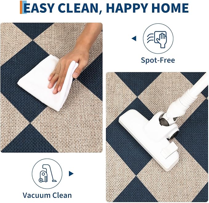 GarveeHome Easy Jute Rugs 2x8 Checkered Kitchen Runner Rugs Non Skid Washable Stain Resistant Indoor Outdoor Rugs for Living Room, Bedroom, Dining, Patio - Farmhouse Style Navy Blue