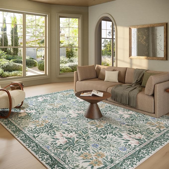 Botanical Floral Area Rug 8x10 Light Green Cream Vintage Garden Design, Perfect for Living Room, Bedroom, Kids Room, Nursery - Stain & Water Resistant Non-Slip, Pet & Child Friendly Area Rugs