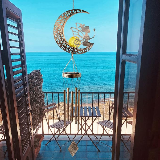 Solar Wind Chimes Moon Fairy Hanging Outdoor Decor Crackle Glass Ball Warm Memorial Wind Chimes Light Patio Lawn Yard Gardening Gift for mom for Grandma Gifts Christmas Decorations