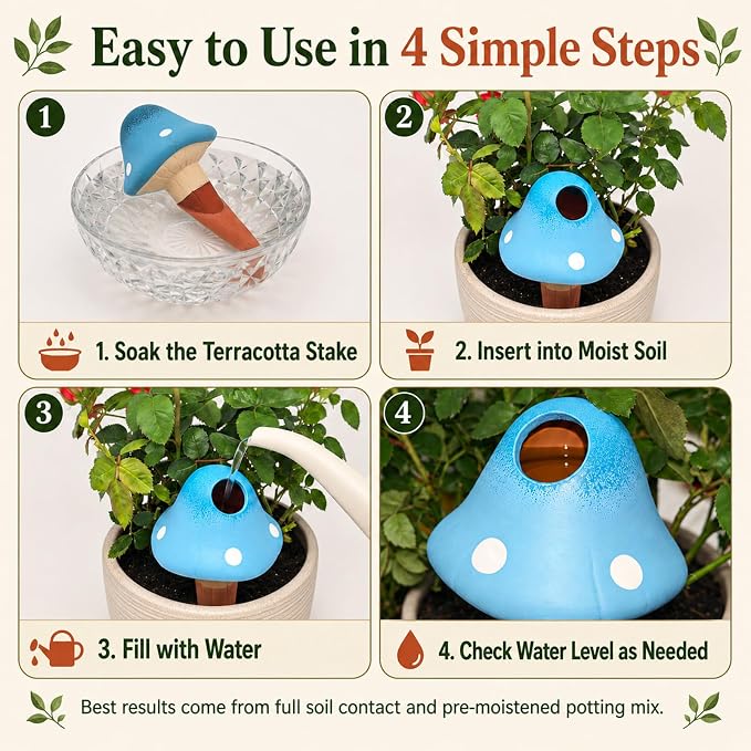 Terracotta Watering Spikes 4 Pack, Cute Self Watering Plant Spikes, Clay Plant Watering Devices, Slow Release Self Watering Planter Insert for Indoor Outdoor Potted Plants (Mushroom) | Porous terracotta, Top refill design, Decorative owl shape, Easy pl...