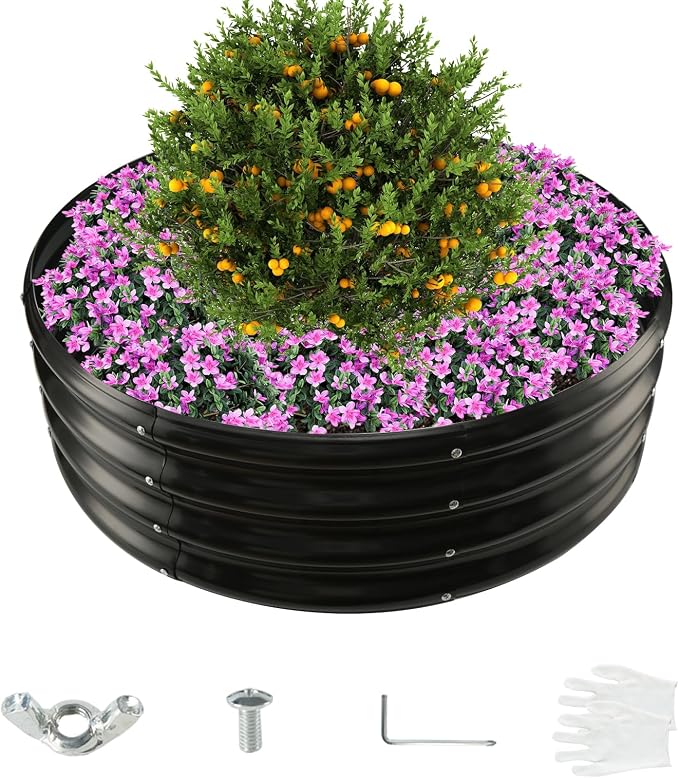 YSEJOMP 3FT Diameter Galvanized Garden Raised Bed/Plant Box/Fire Pit Ring - 0.8mm Thick,12 Inch Tall,Perfect for Planting a Variety of Flowers,Herbs,Vegetables (Black, 36 Dia X 11.5 inches)