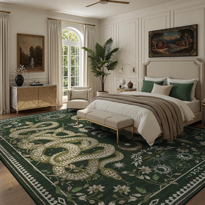 DCX 8x10 Washable Snake Rug for Living Room, Non Slip Low Pile Rug, Dark Green