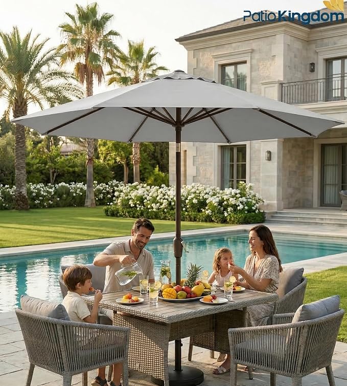PatioKingdom 9FT Patio Outdoor Umbrella-UPF 50+ Sun Shade with Wind Vent, Push-Button Tilt & Smooth Crank Lift, Rust-Resistant Fiberglass Frame for Garden, Backyard,Yard (Light Gray)