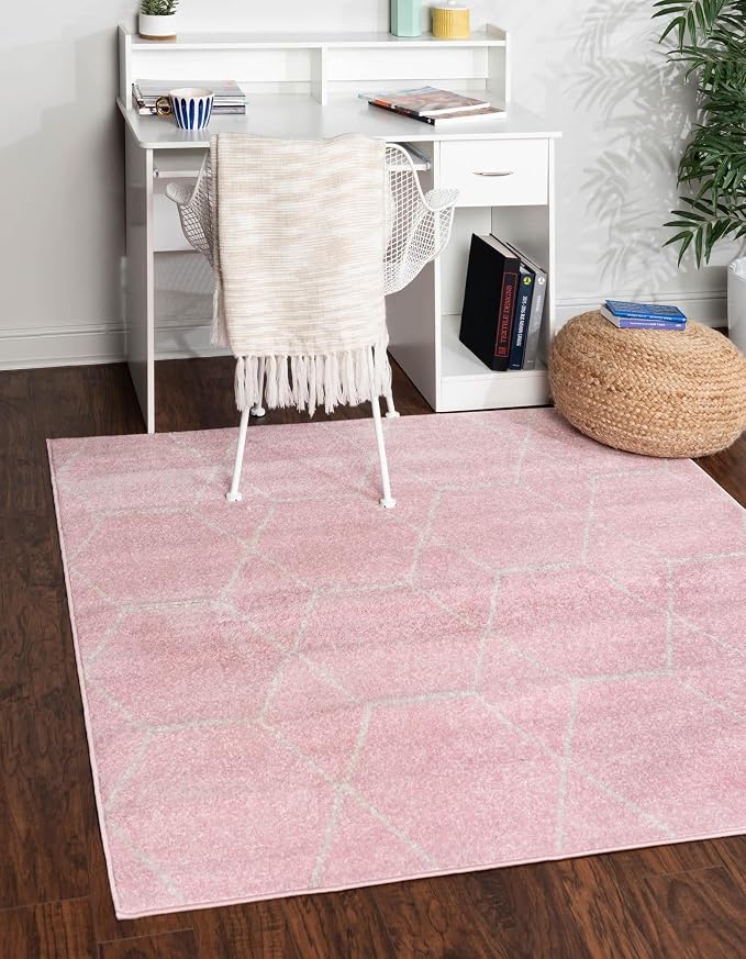 Unique Loom Trellis Frieze Collection Area Rug - Geometric (3' Square, Light Pink/ Ivory)