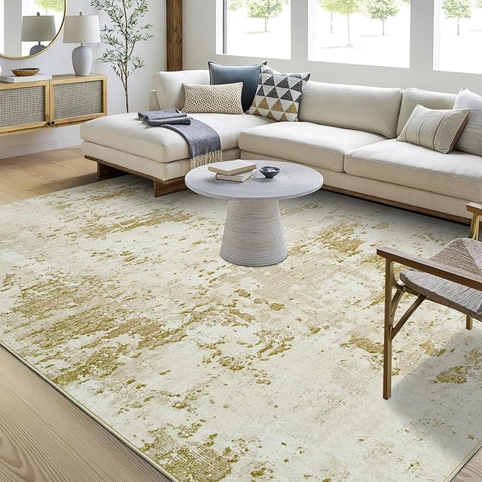 ROYHOME Modern Abstract Area Rug 5x7 Non Slip Non Shedding Rug Low Pile Stain Resistant for Bedroom Living Room,Golden Grey