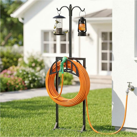 Garden Hose Holder, Water Hose Stand for Outside with 4 Stake and 2 Shepherds Hooks, Freestanding Hose Storage Holds 150Ft, Heavy-Duty Metal Hose Hanger Rack for Yard, Lawn, Farm
