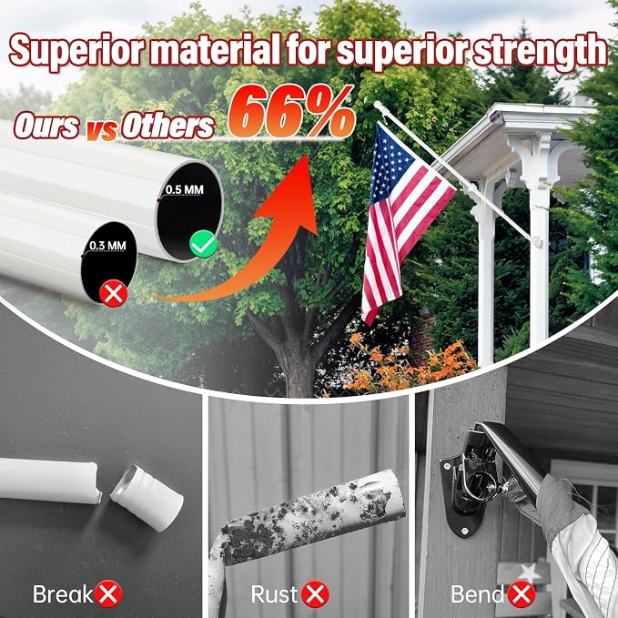 ZMTECH 5FT Flag Pole for Outside House with Solar Light, Tangle Free Stainless Steel Flag Pole Kit, 180° Adjustable Flag Pole Holder & Flag Holder Bracket, White (No Flag)