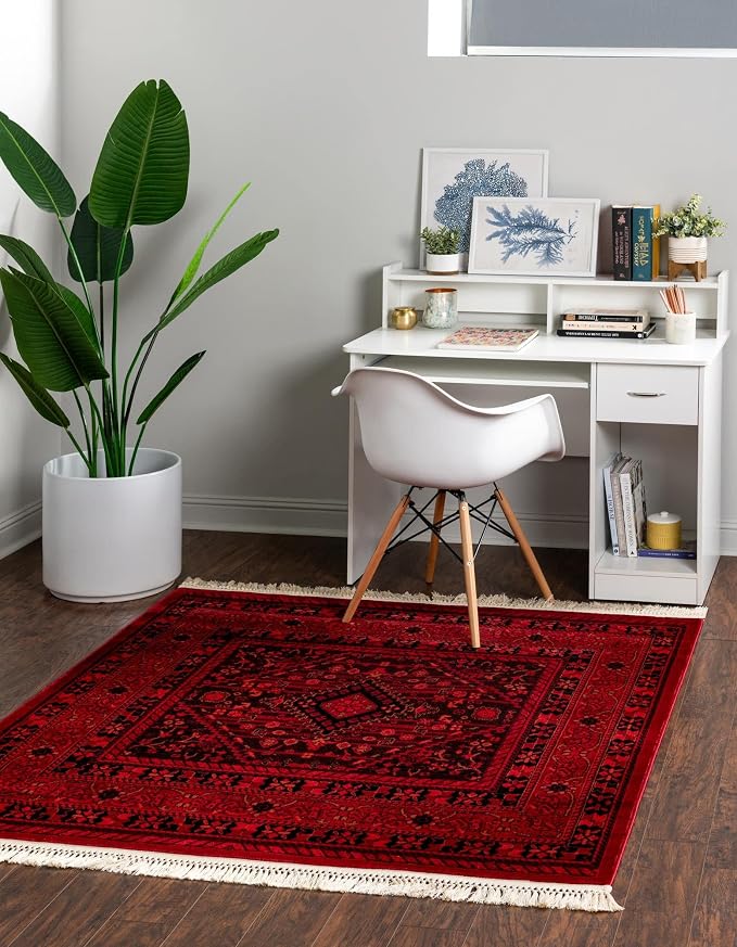 Unique Loom Tekke Collection Area Rug - Sheibani (4' 1" Square, Red/ Black)
