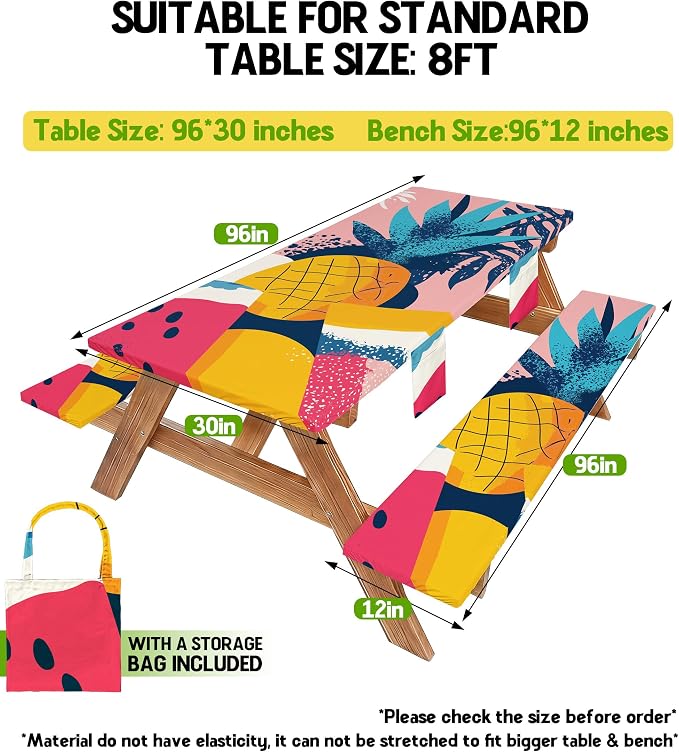 Picnic Table Cover with Bench Covers Waterproof Fitted Table Cloth Tablecover Camper Camp Camping Essentials Outdoor Beach Summer River Water Motorhome Trailer Road Trip Tent Rv Car Travel Activities