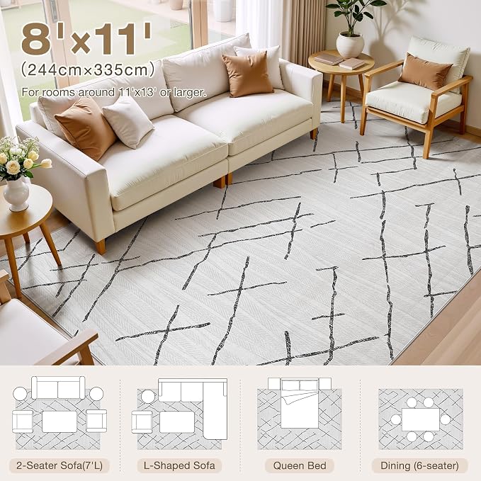 kakania Washable 8x11 Area Rug for Living Room: Boho Geometry Home Decor | Soft Stain Resistant, Low-Pile, Non-Slip, Pet & Kid Friendly, Thin Rug for Bedroom/Dining Room/Kids Dorm - Light Grey