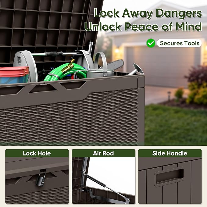 Flamaker Outdoor Storage Box 100 Gallon Waterproof Resin Deck Box Delivery with Air Rod Indoor Outdoor Lockable Storage Bench for Patio Cushions, Tools, Pool Accessories (Deep Brown)