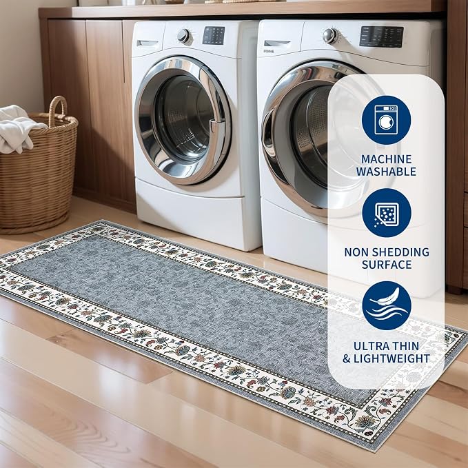 Garvee 6x9 Area Rugs Vintage Floral Washable Rugs Soft Rug | Grey Boho Border Area Rug Stain Resistant Easy Cleaning Throw Rugs Non Shedding Low Pile Floor Cover for Nursery Dining Room