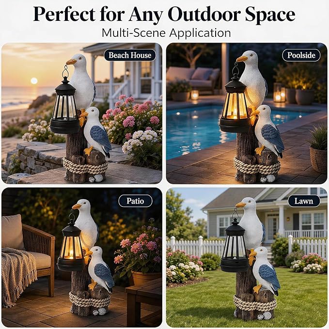 Seagull Solar Garden Outdoor Decor Statues with LED Lantern, Hand Painted Resin Animal Figurine Lights for Beach Pool Coastal Patio Lawn Yard Pathway, Unique Nautical Gifts For Women Mom Grandma