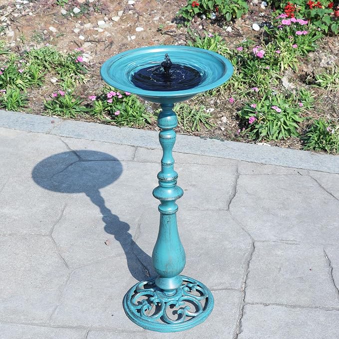 26.6"H Cast Iron Pedestal Bird Bath,Metal Birdbath for Outdoors (Blue) | Bird Bath for Outside,Tall Bird Baths,Bird Feeder Seed Tray for Garden Yard Decor