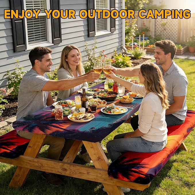 NYZE 3 Pieces Beach Sunset Picnic Table Cover with Bench Covers Set, Elastic Edge Camping Tablecloth, Tablecloth Cover with Drawstring Bag, Camping Essentials for Outdoor Picnics, Patio, BBQ