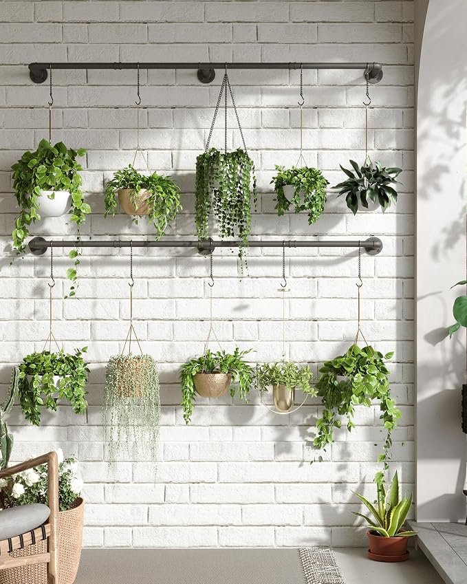 SOFITORG 65.7" Metal Plant Hanging Rod, 6 Chains, 2 Pack, Pots Not Included | Wall Plant Hanging Bar, Durable Hanging planter holder for Window Ceiling, Easy Assembly, All Hardware Included, Black