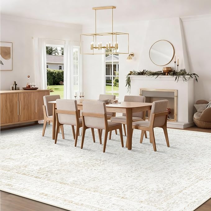 10x14 Area Rugs for Living Room: Washable Large Vintage Floral Rug Low Pile Non-Slip Boho Carpet for Bedroom Home Office Dining Room (FloralBeige, 10'x14')