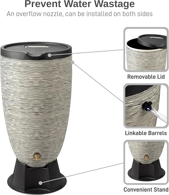 RTS Home Accents 50-Gallon Newport Rain Barrel with Stand and Removable Lid, Slate Color
