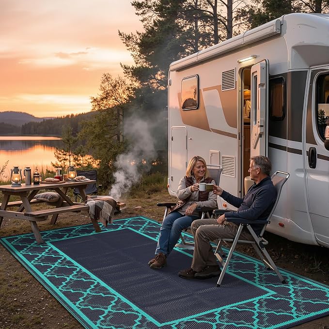 Garvee Reversible Outdoor Rug 8x10, Waterproof Outdoor Plastic Straw Rug with Interlacing Pattern, RV Mat for Picnics, Patio, Camping, Balcony, Deck, Backyard, Porch, Navy