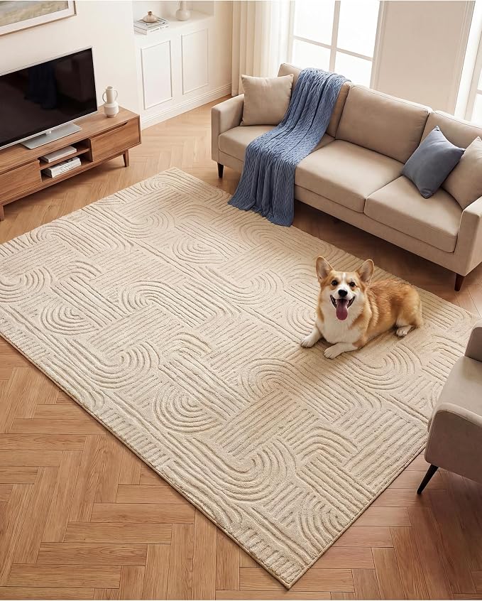 Carvapet 5x7 Area Rug Beige Modern Geometric Maze Washable Carpet | Soft plush rug with 3D high low pile texture and skid resistant backing for living rooms and bedrooms