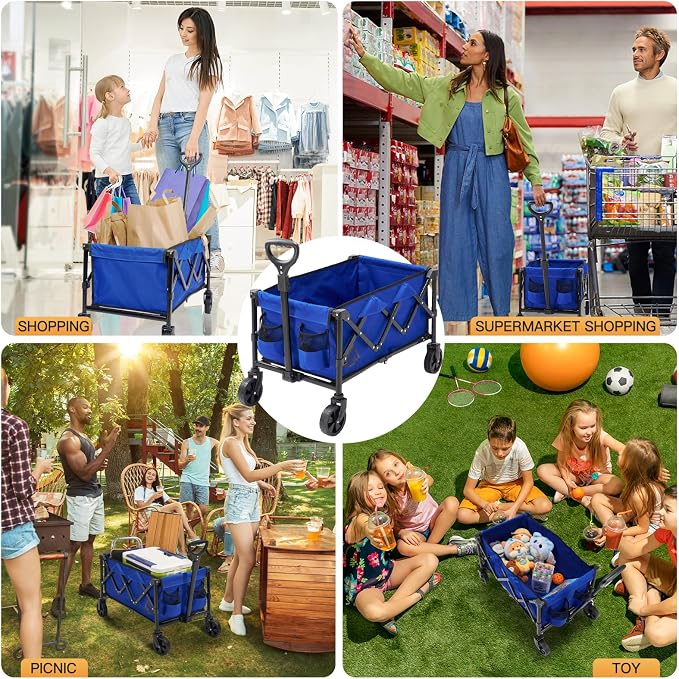 Wagon Cart Shopping Cart Large Capacity Collapsible Wagon with Wheels On Beach Garden Outdoor Utility Carts for Grocery All Terrain Portable Wagons Carts for Groceries Sand Camping Sports Blue