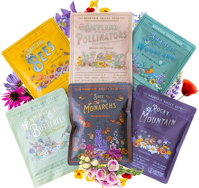 Mountain Valley Seed Co Wildflower Seeds Collection - 500,000+ Bulk Seeds | 6 Wildflower Mixes Including Hummingbird, Butterfly, Monarch, Bee, Shaded Woodland, Rocky Mountain, and Dryland Pollinators