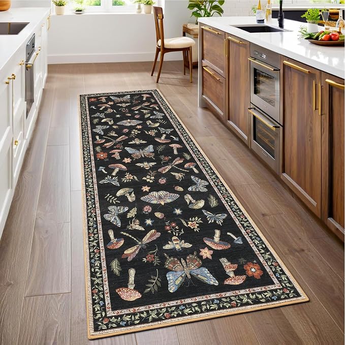 ROYHOME Mushroom Insect 2x6 Kitchen Runner Rug for Hallways Black | Entryway Bedroom Bathroom Washable Bug Moth Cute Funky Cottage Core Whimsical Boy Rugs Low-Pile Non-Slip TPE Backing