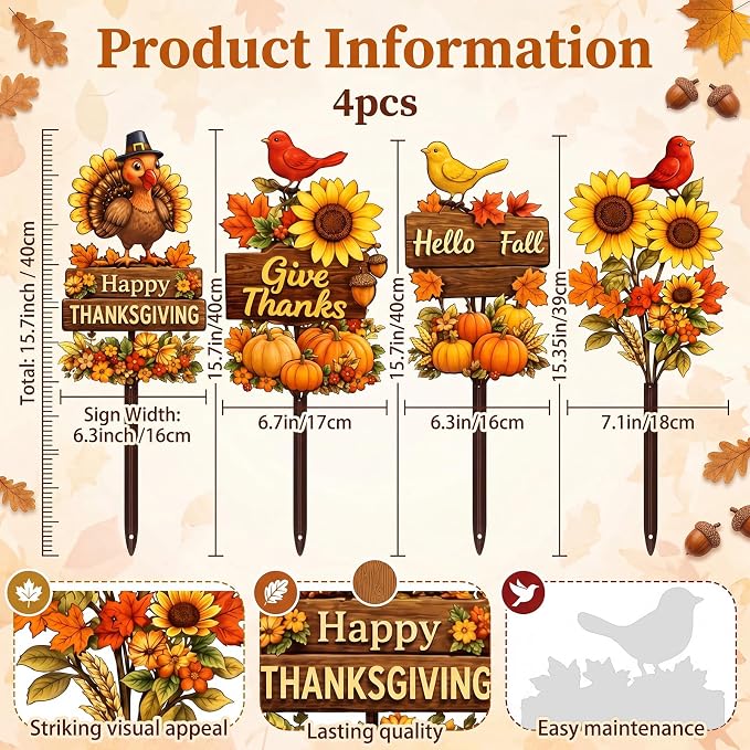 4 Pcs Fall Thanksgiving Garden Stakes Pumpkins Maple Leaves Turkey Sunflower Metal Yard Sign Outdoor Art Stake for Thanksgiving Decorations Autumn Harvest Patio Lawn Walkway Porch