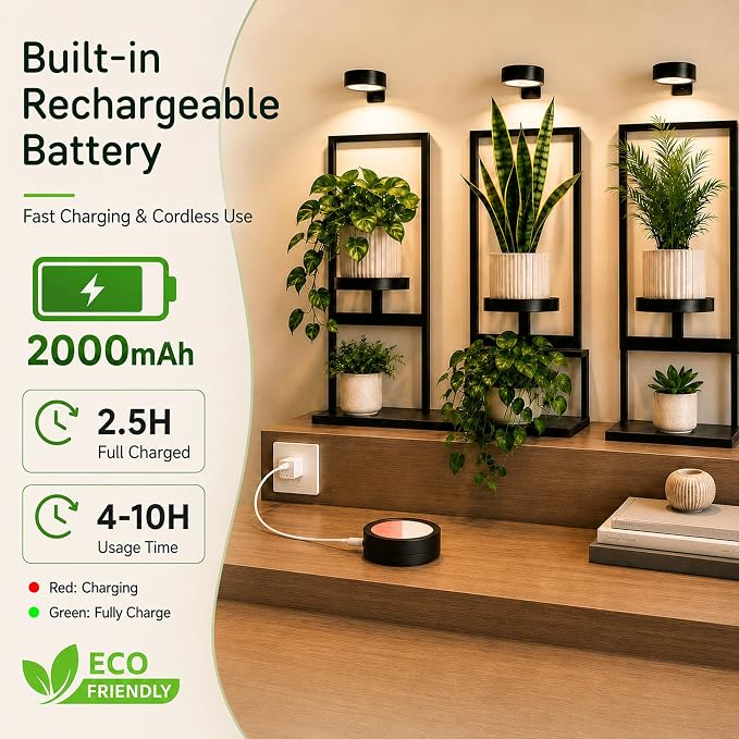 3-Pack Rechargeable Grow Lights for Indoor Plants, Cordless Plant Grow Lamp | Wireless Full Spectrum LED Plant Light with Magnetic, 7 Lights Mode Puck Grow Lamp with Remote Dimmable＆Timer for Plant Shelf