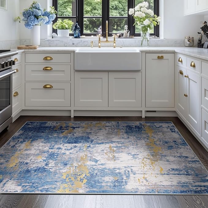 RELEANY Washable 4'x6' Abstract Area Rug for Living Room Blue Gold | Carpet for Bedroom, Kitchen, Office, Hallway and Entryway, Printed Pattern, Non‑Slip, Soft, Stain‑Resistant, Easy to Clean
