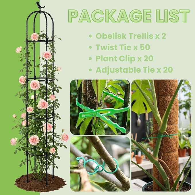 Lancisism Garden Obelisk Trellis for Climbing Plants Outdoor - 2 Pack 6.3 Ft Plant Support Round Trellis for Potted Plants Indoor - Rustproof Plastic Coated Tomato Cage for Vines Flowers Vegetable