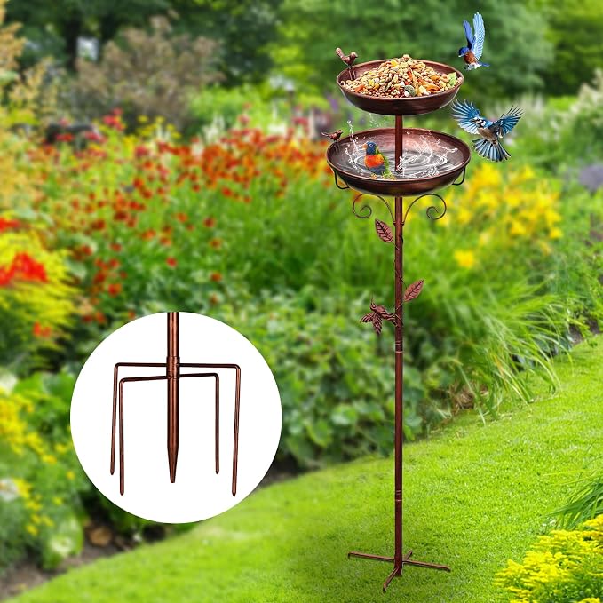 Bird Bath for Outside Bronze 2-in-1 Freestanding Garden Birdbath | Metal bird bath with floral scroll 5-Pronged Base Deep large bowl for birds drinking & bathing Yard patio landscape decor