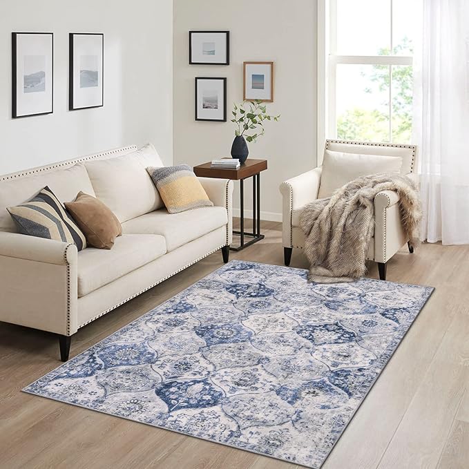 Lahome Moroccan Washable Small Area Rug, 3x5 Rugs for Bedroom Living Room | Trellis Non-Slip Oriental Throw Carpet for Kitchen Office Entryway Bathroom Office Elise White/Royal, Blue