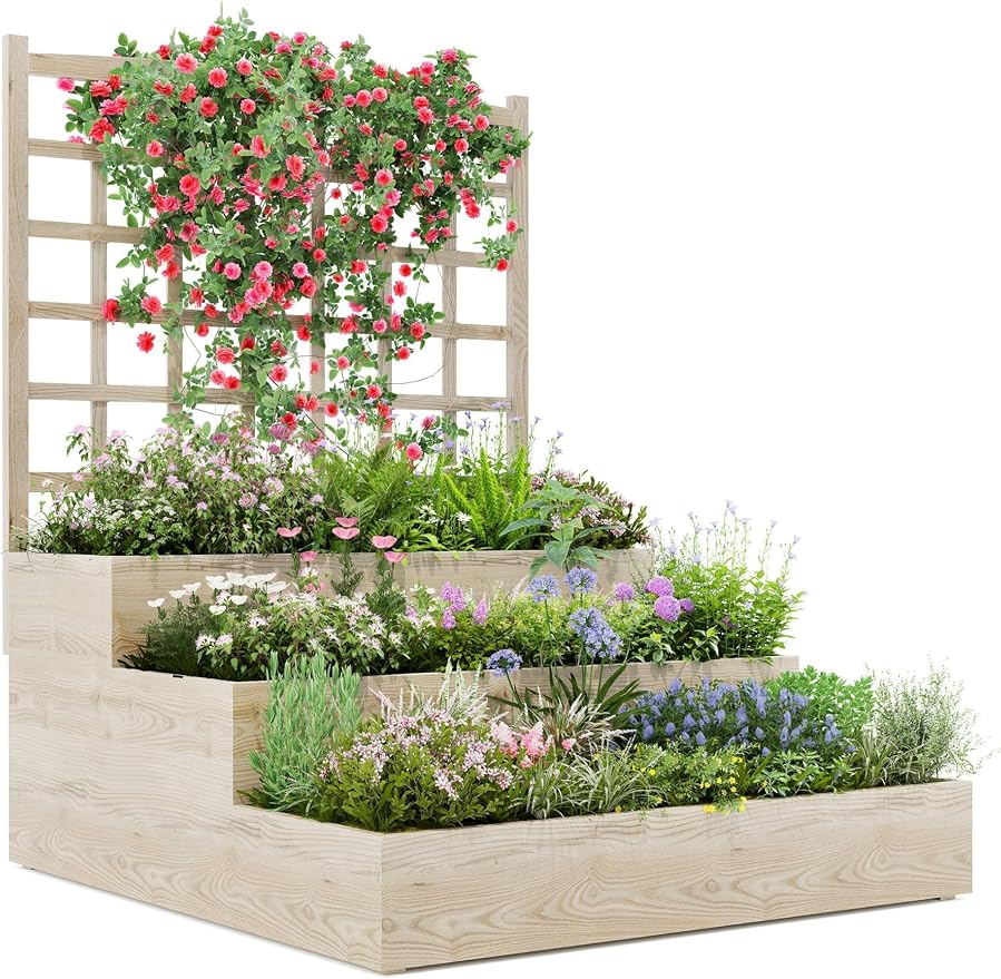 GarveeLife 3-Tier Raised Garden Bed,Wooden Vertical Planters with Trellis & Open-Ended Base for Climbing Plants Vines Flower Herb Vegetable Fruit,Outdoor Planter Boxes for Patio Yard Lawn