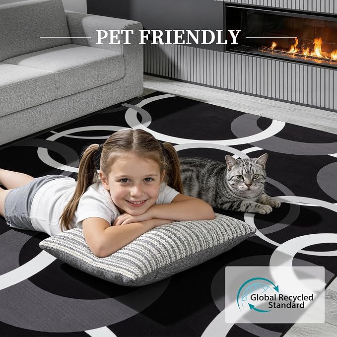 Washable Black and White Living Room Rug Non Slip, Soft 6x9 Area Rugs for Bedroom Dining Room Low Pile, Modern Concentric Circle Pattern Carpet for Playroom Home Office Decor